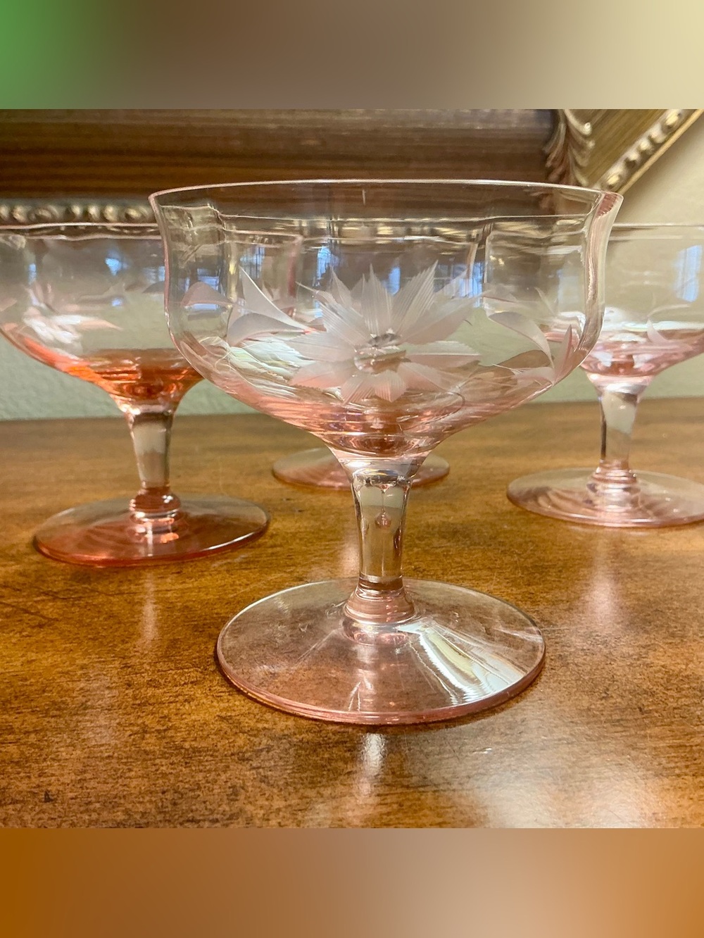 Vintage Pink Depression Glass Coupe Glasses-Floral Wheel Cut Daisy, set of 4
